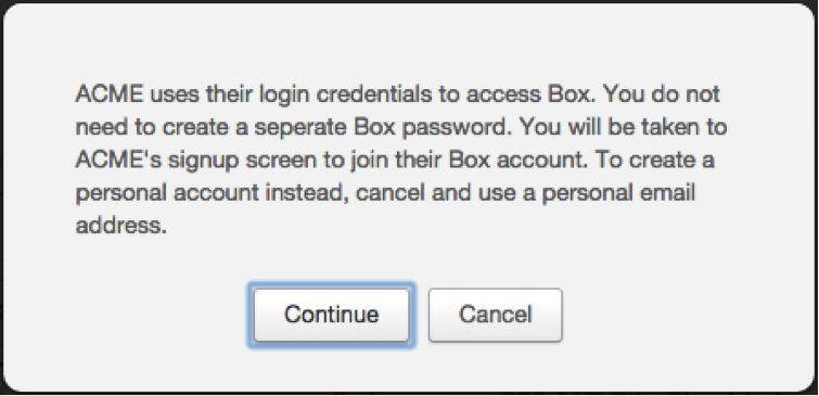 ユーザーが会社のメールアドレスを使用して無料のBoxアカウントを作成できないことを示すメッセージ